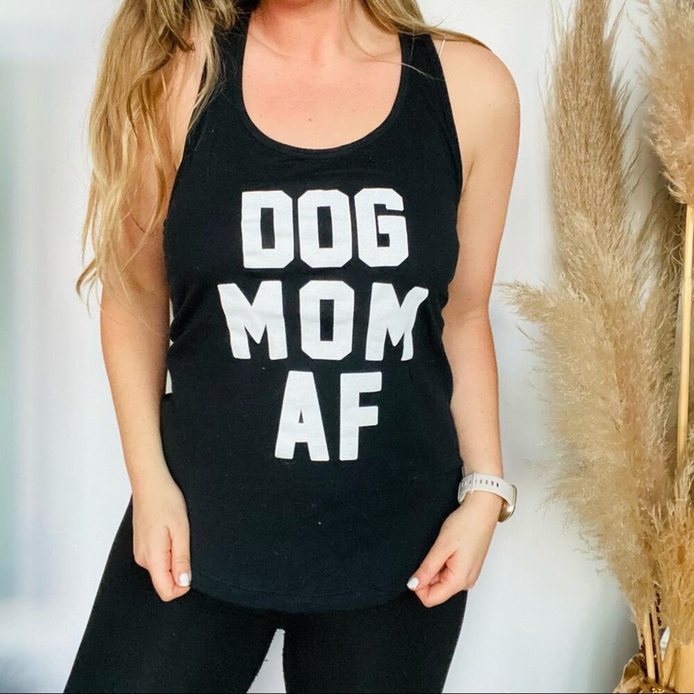NEW Black White Screen Print Racerback Tank Top Shirt Dog Mom AF L